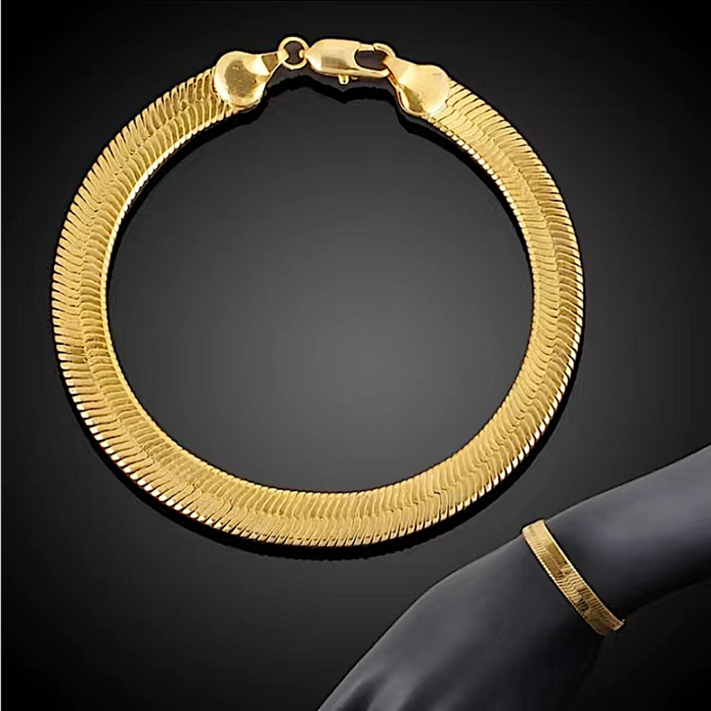 Gold Herringbone Flat Necklace Bracelet Set, Unisex, Two Piece 4mm - Picture 4 of 9
